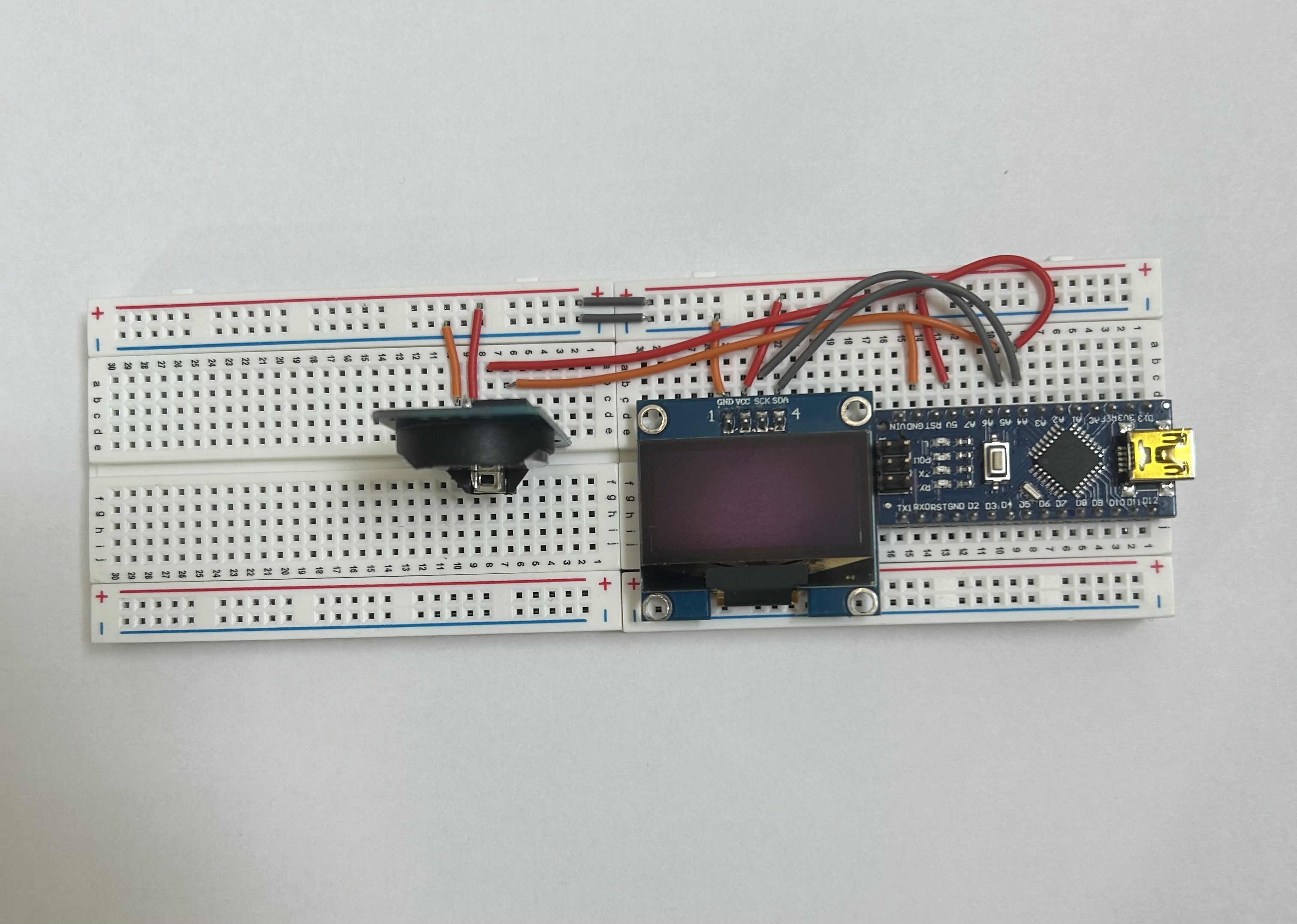 Photograph of the prototype, wired onto a breadboard.
