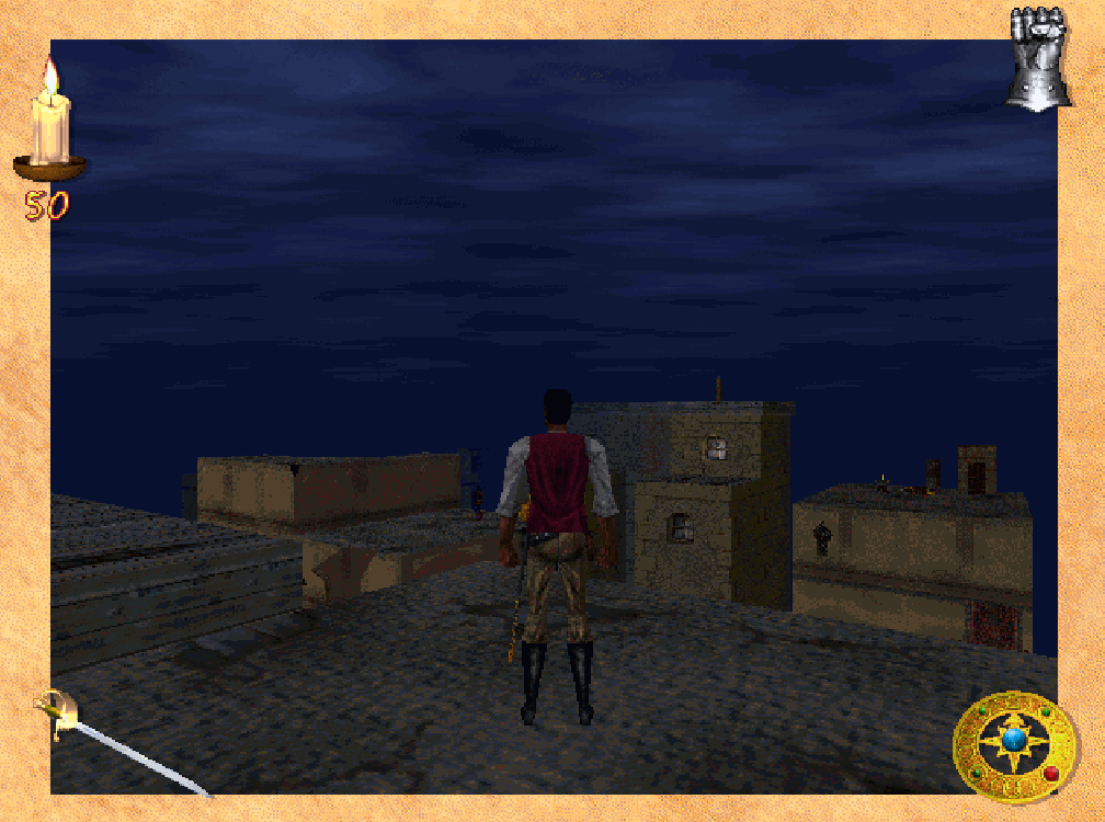 A screenshot of Redguard in-game; a man in a red shirt runs amidst rooftops on a darkly light night.