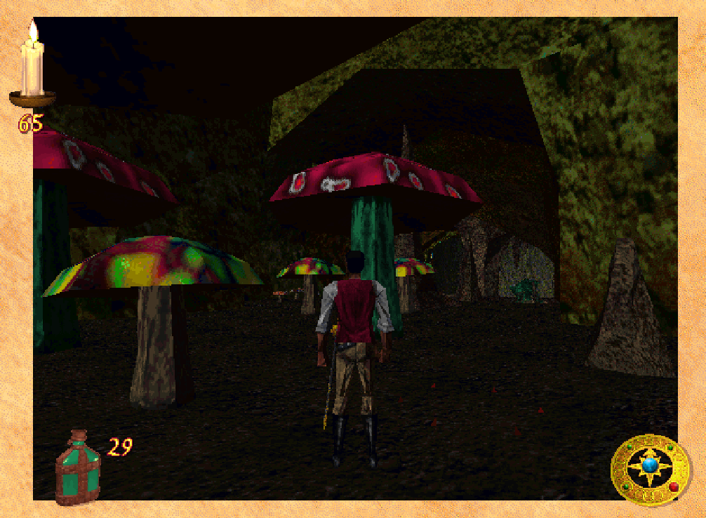 A screenshot of Redguard in-game; a man in a red shirt stands in a cavern amidst human-sized vibrantly colored mushrooms.