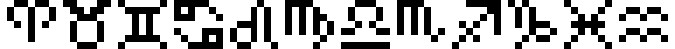 Zodiac symbols in 7x7 pixels: Aries, Taurus, Gemini, Cancer, Leo, Virgo, Libra, Scorpio, Sagittarius, Capricorn, Aquarius, Pisces.